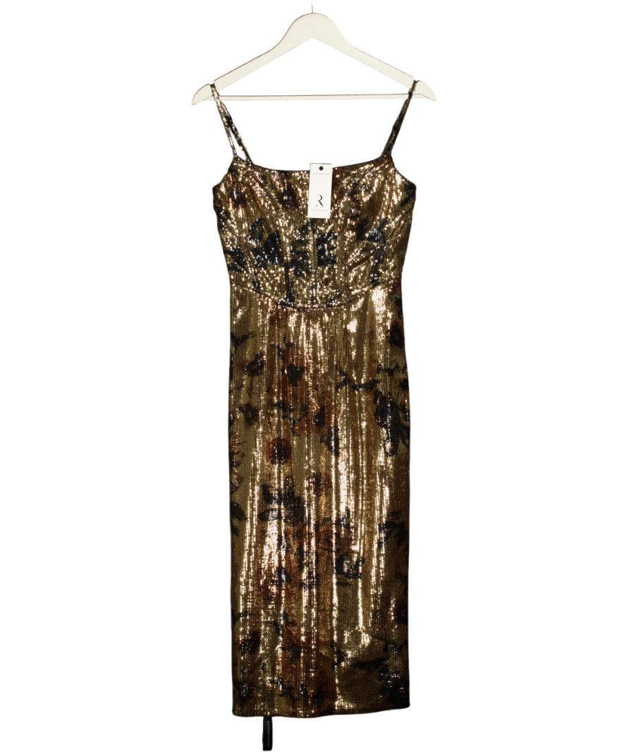 RARE LONDON Metallic Gold Sequin Floral Corset Midi Dress UK 8