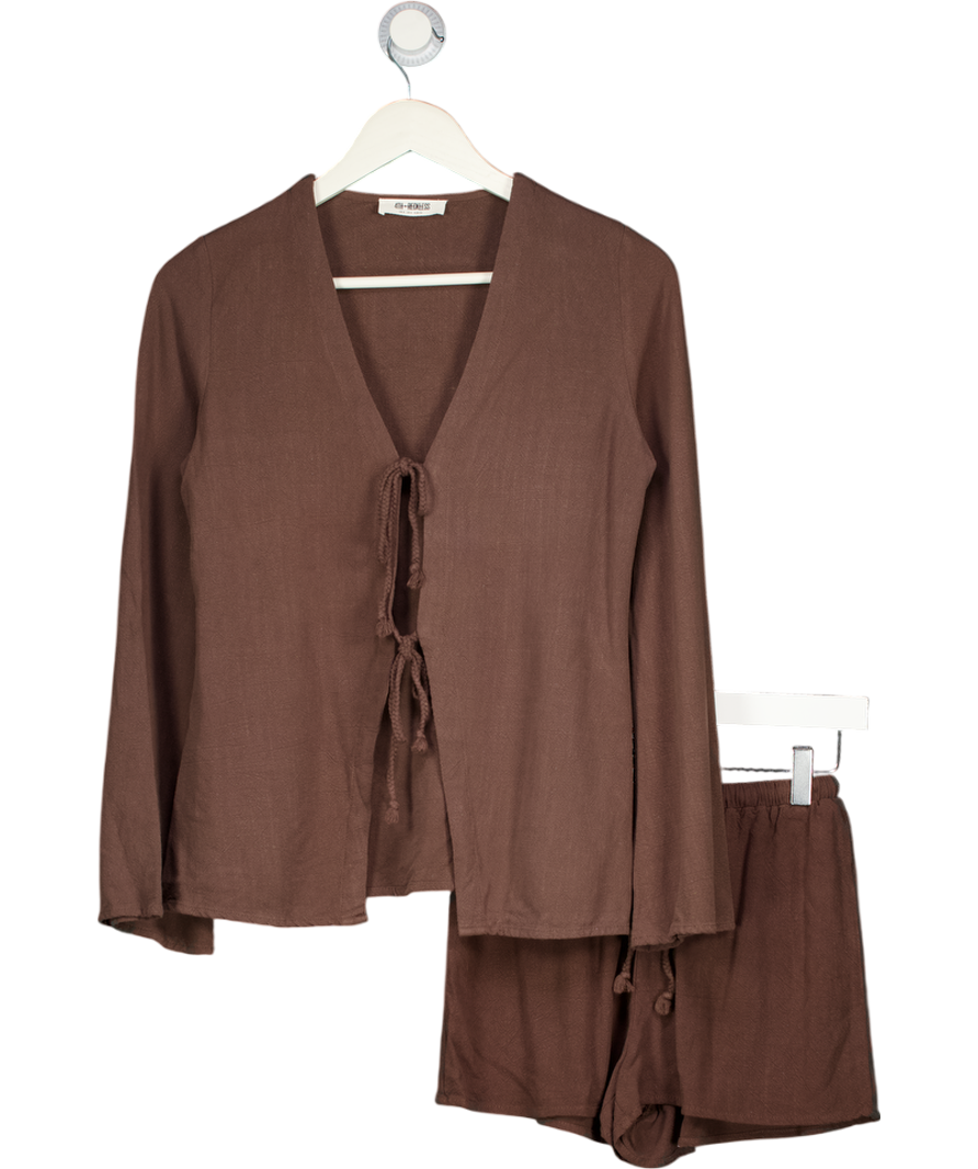 4th & Reckless Brown 2-piece Brwon Tie Front Top And Shorts Set UK XS/S