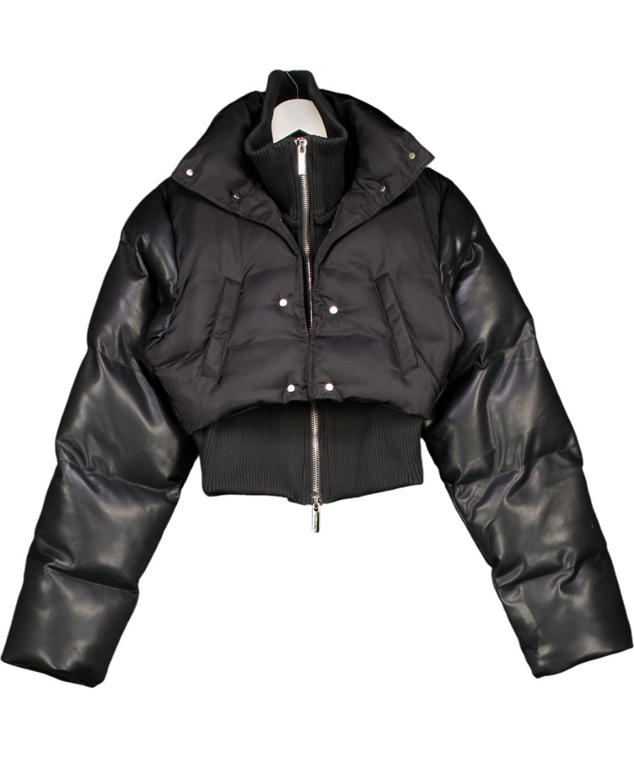 MANIERE DE VOIR Black Vegan Leather And Nylon Layered Puffer Jacket UK 10