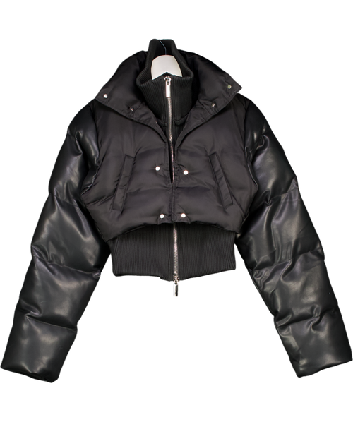 MANIERE DE VOIR Black Vegan Leather And Nylon Layered Puffer Jacket UK 10