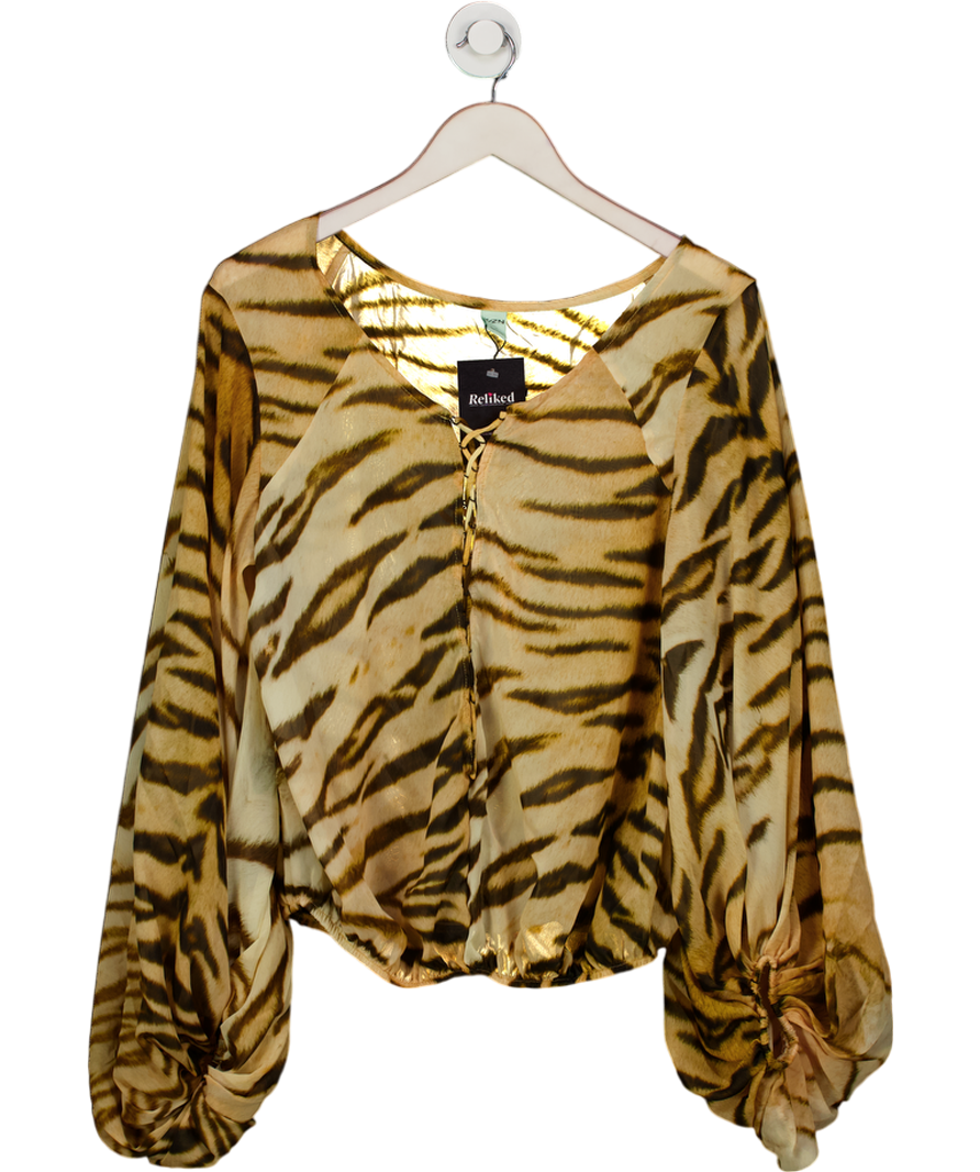 KZN Beige Sheer Chiffon Tiger Print Blouse UK S