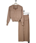 Commense Beige Metal Button Collared Cardigan And Midi Skirt Set UK XS