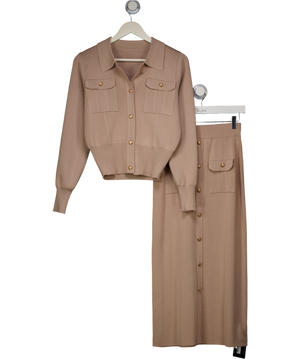 Commense Beige Metal Button Collared Cardigan And Midi Skirt Set UK XS