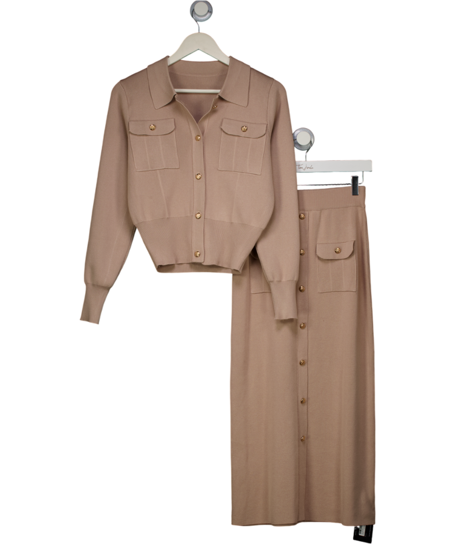 Commense Beige Metal Button Collared Cardigan And Midi Skirt Set UK XS