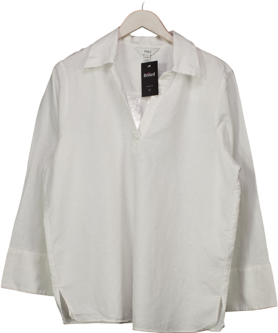 M&S White Long Sleeve Linen Blend Notch Neck Shirt UK 18