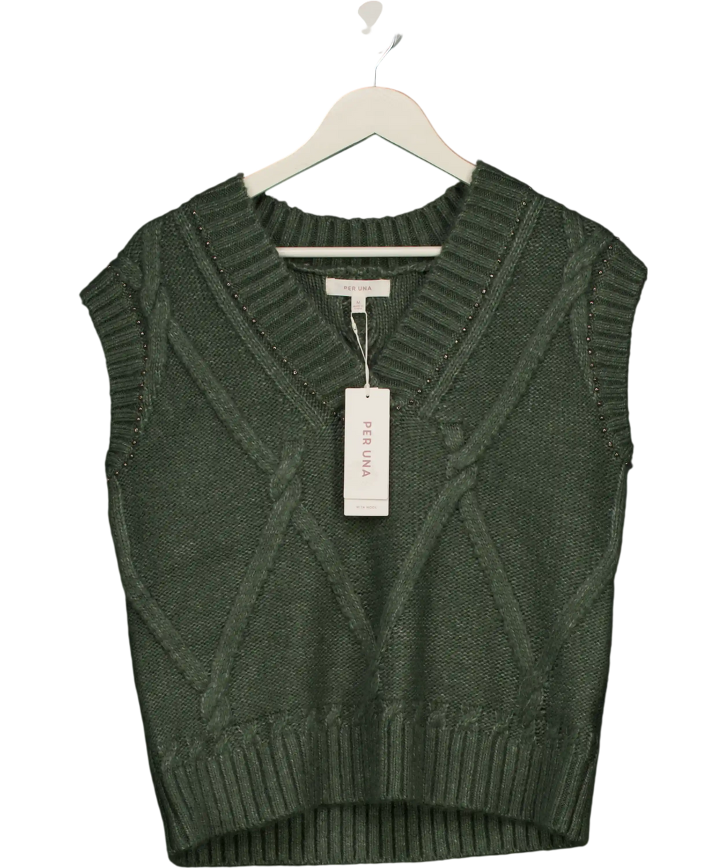 M&S Per Una Smokey Green Wool Blend  Green Embellished Cable Knit Vest UK M