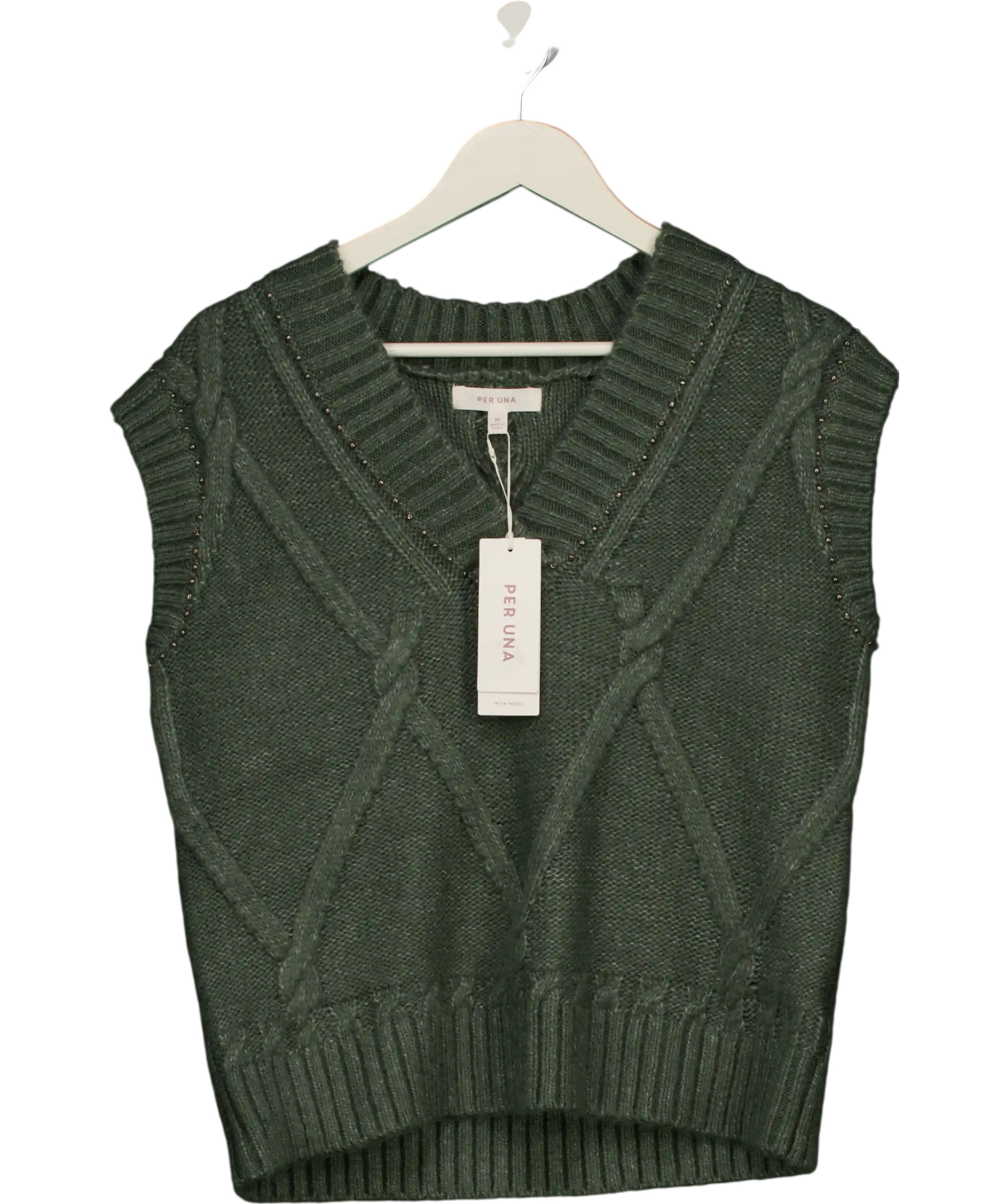 M&S Per Una Smokey Green Wool Blend  Green Embellished Cable Knit Vest UK M