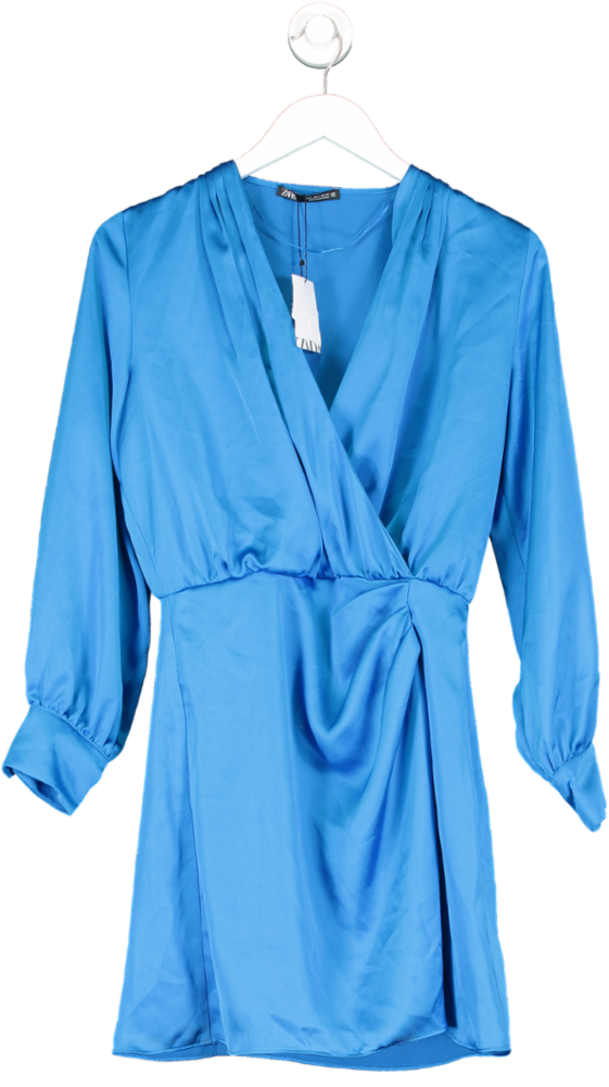 ZARA Blue Draped Satin Long Sleeve Wrap Mini Dress BNWT UK S