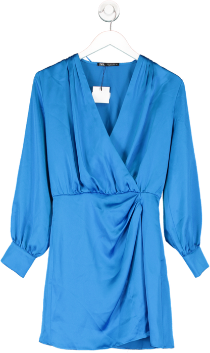 ZARA Blue Draped Satin Long Sleeve Wrap Mini Dress BNWT UK S