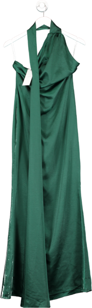 Club L Green Mademolselle Satin Asymmetric Scarf Neck Backless Maxi Dress UK 10
