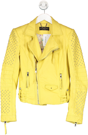 Royal Sunday Yellow Faux Leather Studded Biker Jacket UK S