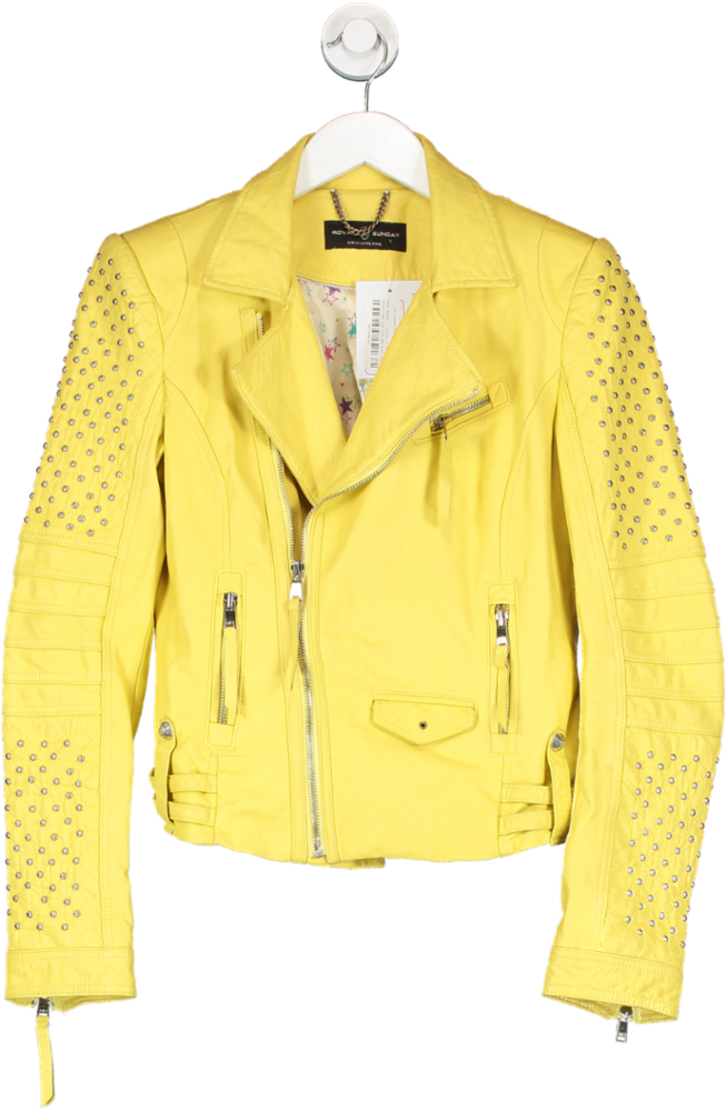 Royal Sunday Yellow Faux Leather Studded Biker Jacket UK S