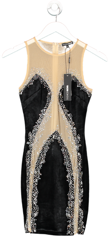 Fashion Nova Black Talk Of Town Velvet Mini Dress UK XS