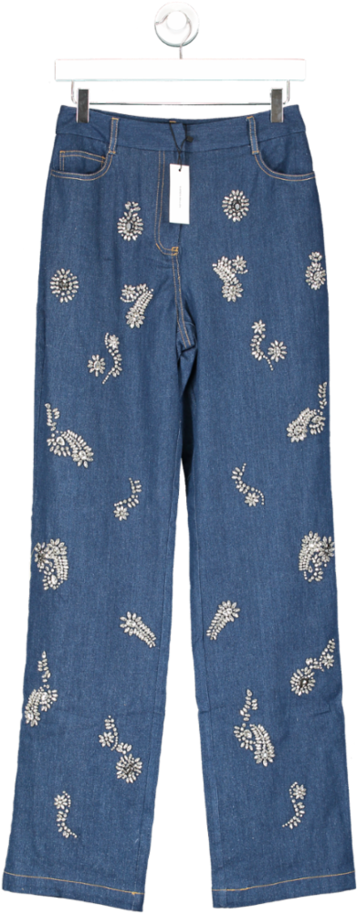 Karen Millen Blue Embellished Mid Rise Straight Leg Denim Jeans UK 6