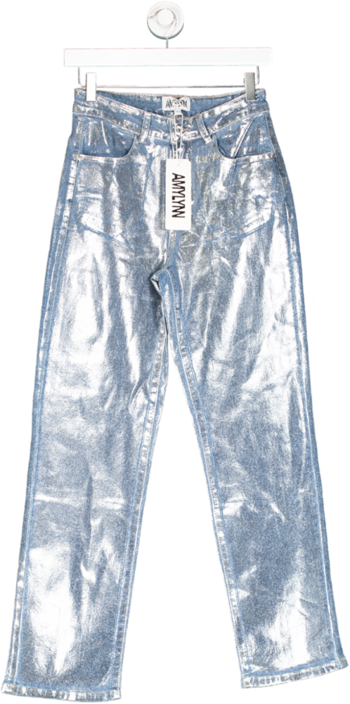 Amy Lynn London Blue Soho Denim Metallic Trousers UK 6