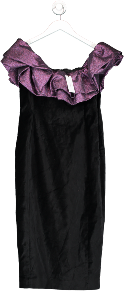 Karen Millen Black Jacquard Contrast Ruffle Bardot Midi Dress UK 10