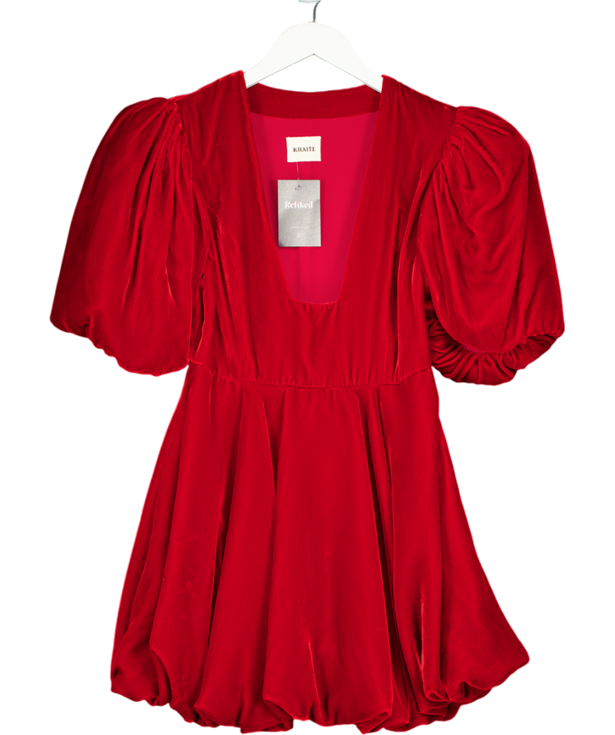 KHAITE Leona Puff-sleeve Velvet Dress In Red UK 8