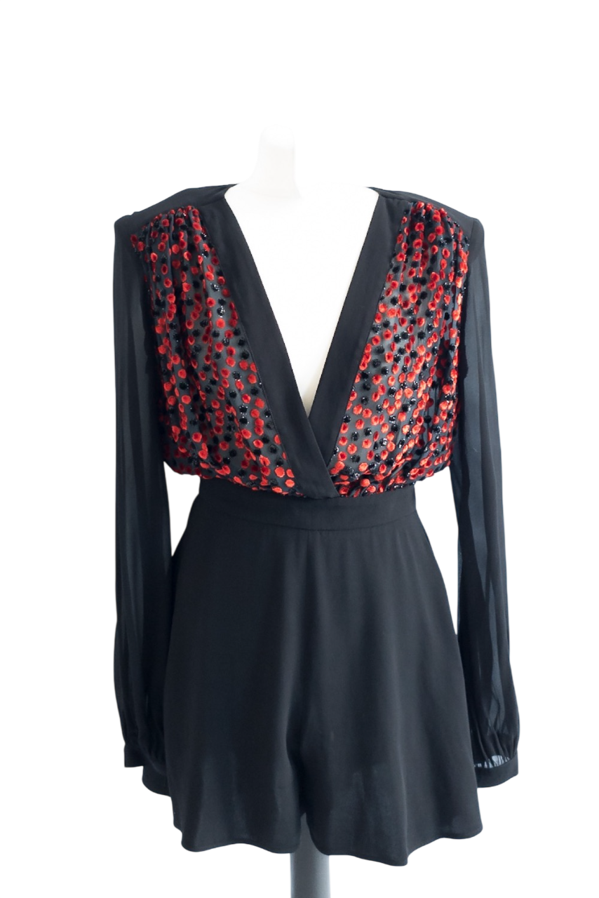 Pinko Black & Red V-neck Textured Playsuit UK 10