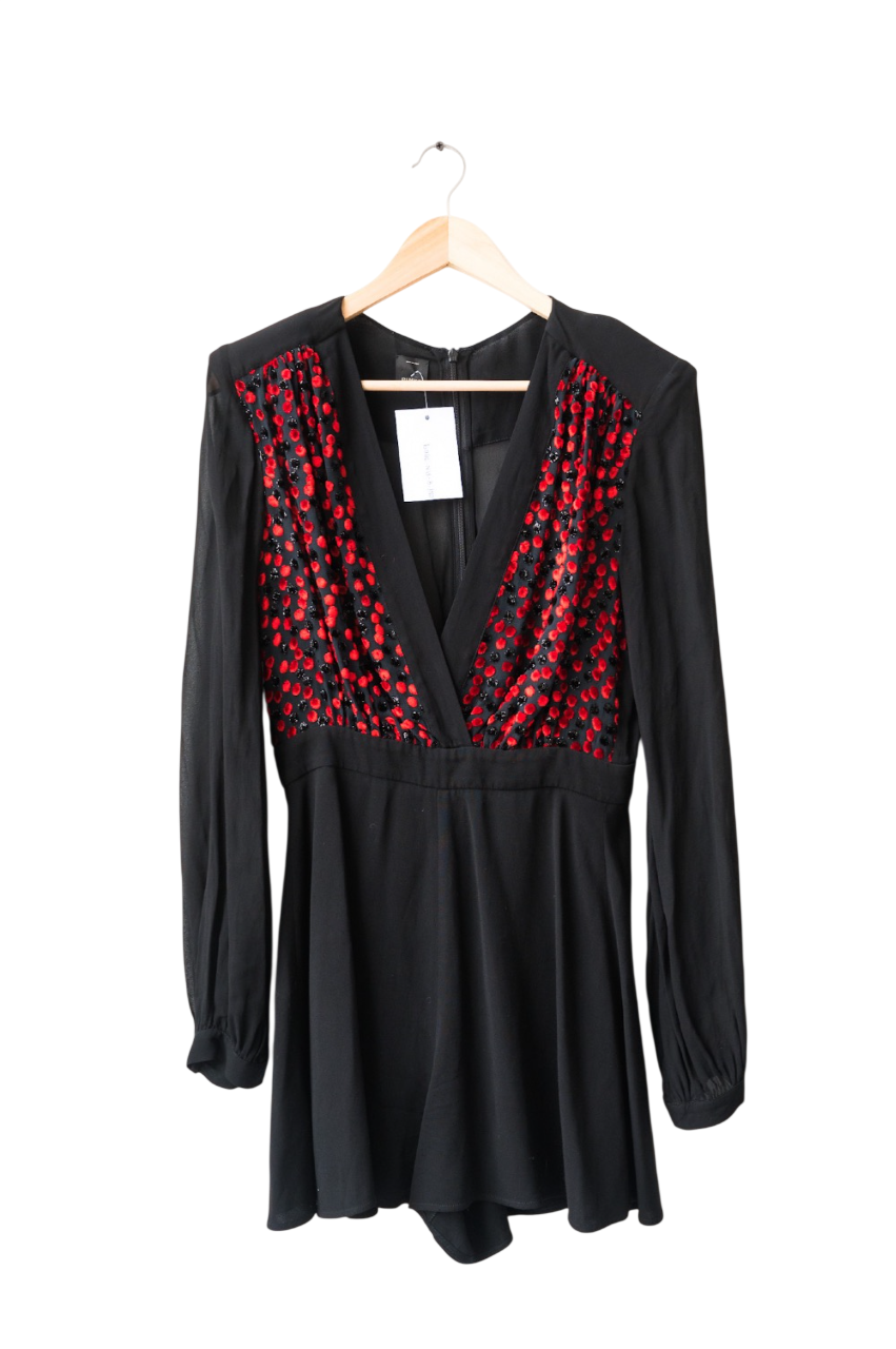 Pinko Black & Red V-neck Textured Playsuit UK 10