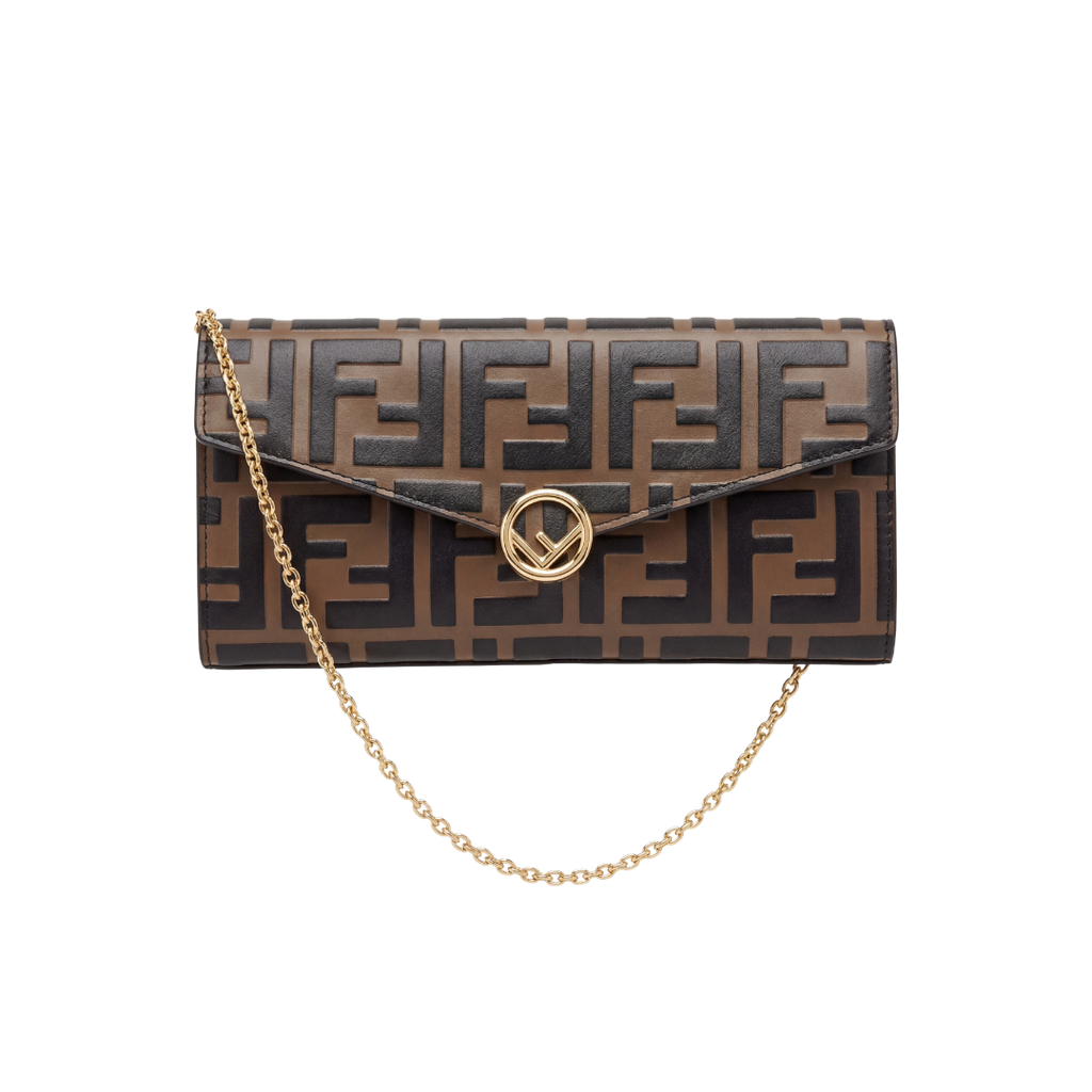 FENDI Brown / Gold  Leather FF Logo Continental Wallet on a Chain
