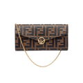 FENDI Brown / Gold  Leather FF Logo Continental Wallet on a Chain