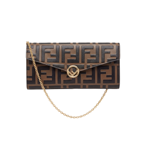 FENDI Brown / Gold  Leather FF Logo Continental Wallet on a Chain