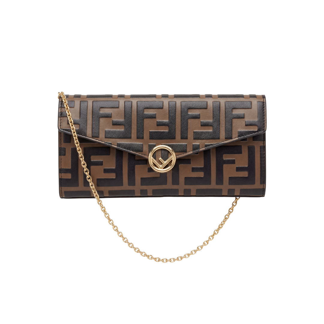 FENDI Brown / Gold  Leather FF Logo Continental Wallet on a Chain