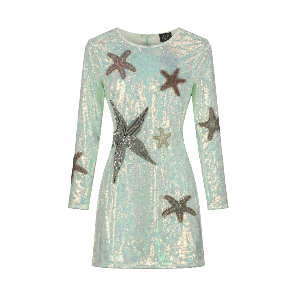 LESLIE AMON Light Aqua Green Mermaid Skin Dress In Iridescent Sequin UK XS