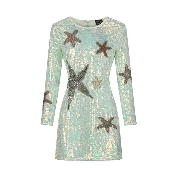 LESLIE AMON Light Aqua Green Mermaid Skin Dress In Iridescent Sequin UK XS