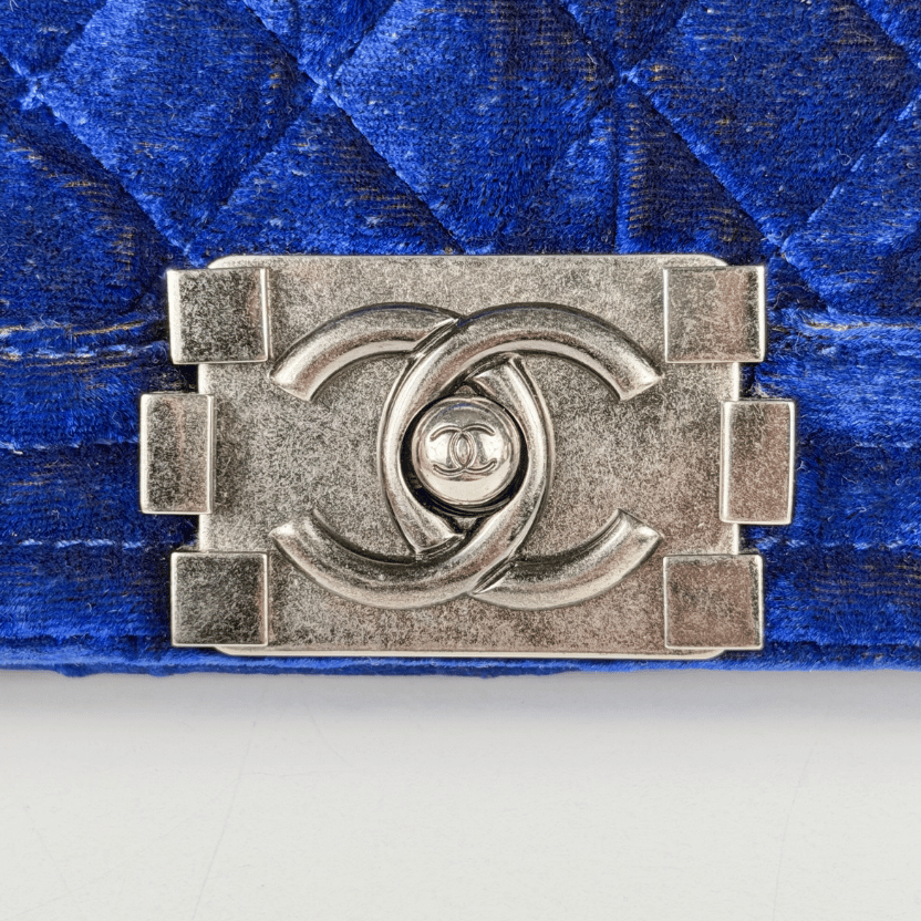 CHANEL Blue Quilted Mini Boy Bag With Antique Silver Hardware