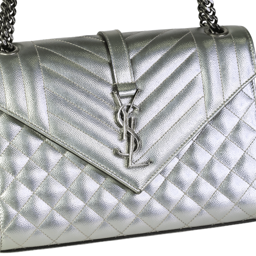 YSL Silver Leather Tri Quilt Monogram Medium Envelope Chain Bag