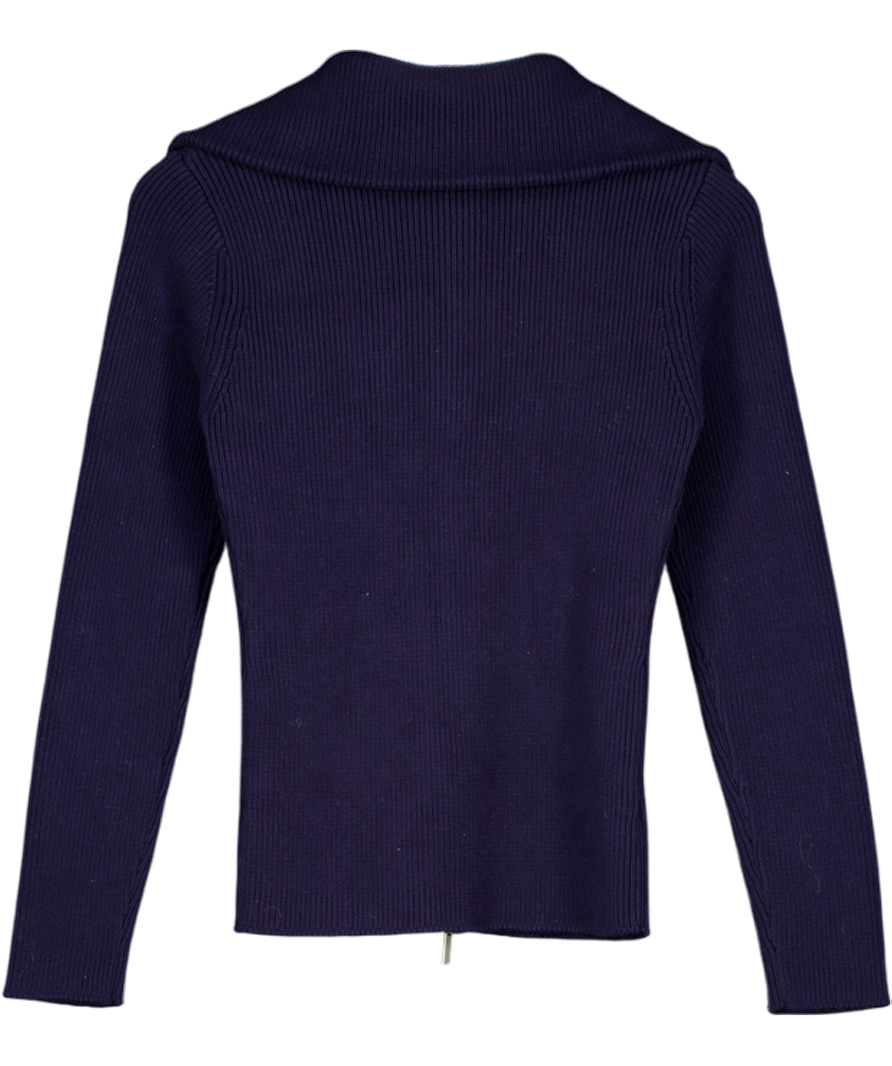 Karen Millen Navy Blue Cotton Zip Through Collar Knit Cardigan UK XS