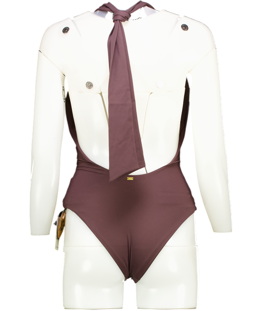 KIKKI-G Nada Deep Plunge Chocolate Brown Halterneck Swimsuit UK S