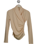Commense Cream Cross-over Collar Pleated Cinched T-shirt UK XS