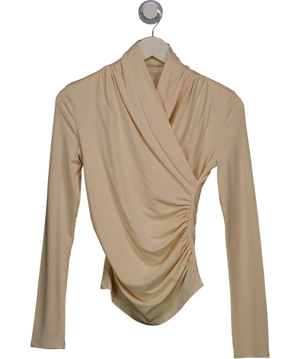 Commense Cream Cross-over Collar Pleated Cinched T-shirt UK XS