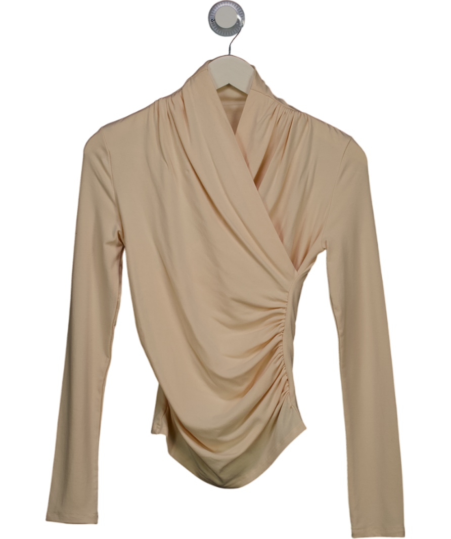 Commense Cream Cross-over Collar Pleated Cinched T-shirt UK XS