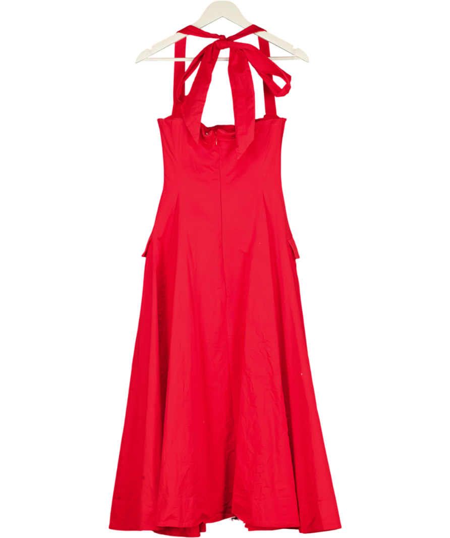 House of CB Claudia Red Stretch Cotton Button Halter Neck Midi Dress UK S