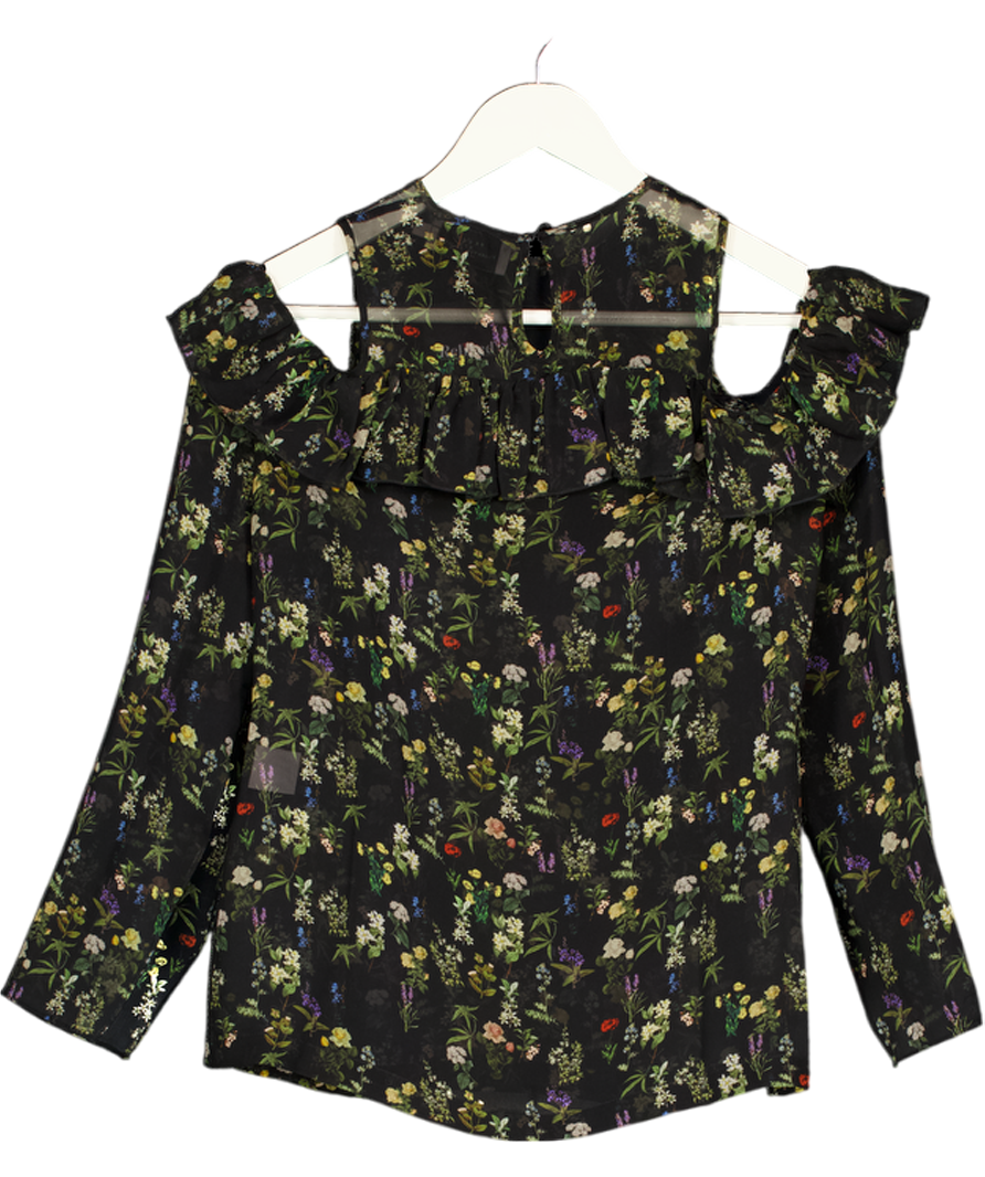 PREEN BY THORNTON BREGAZZI Black 100% Silk Floral Chiffon Cold-shoulder Blouse UK XS