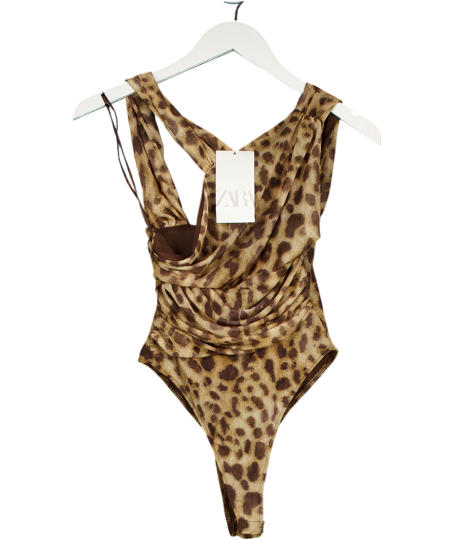 ZARA Beige Leopard Mesh Asymmetric Bodysuit UK S