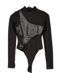 MANIERE DE VOIR Black Long Sleeve Faux Leather Detail Bodysuit UK 8