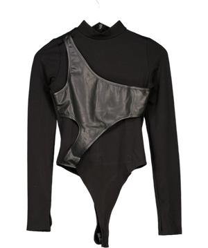 MANIERE DE VOIR Black Long Sleeve Faux Leather Detail Bodysuit UK 8
