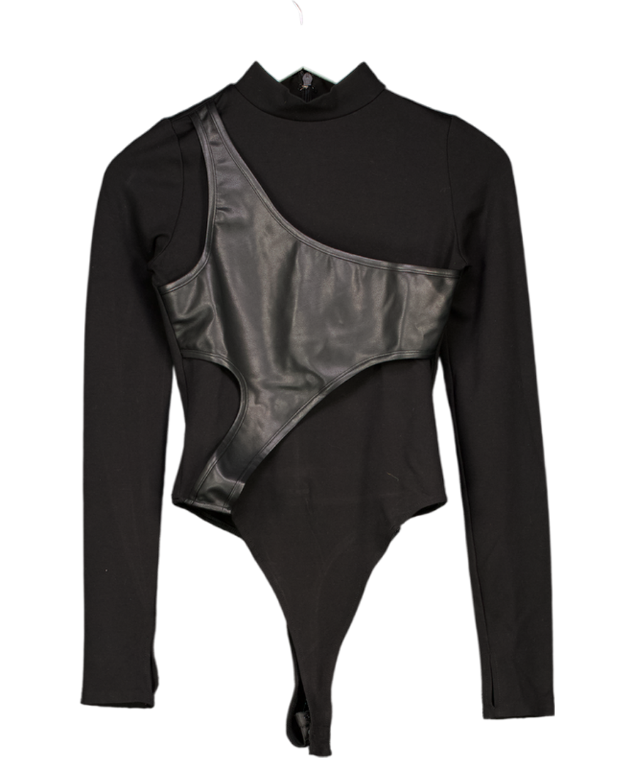 MANIERE DE VOIR Black Long Sleeve Faux Leather Detail Bodysuit UK 8