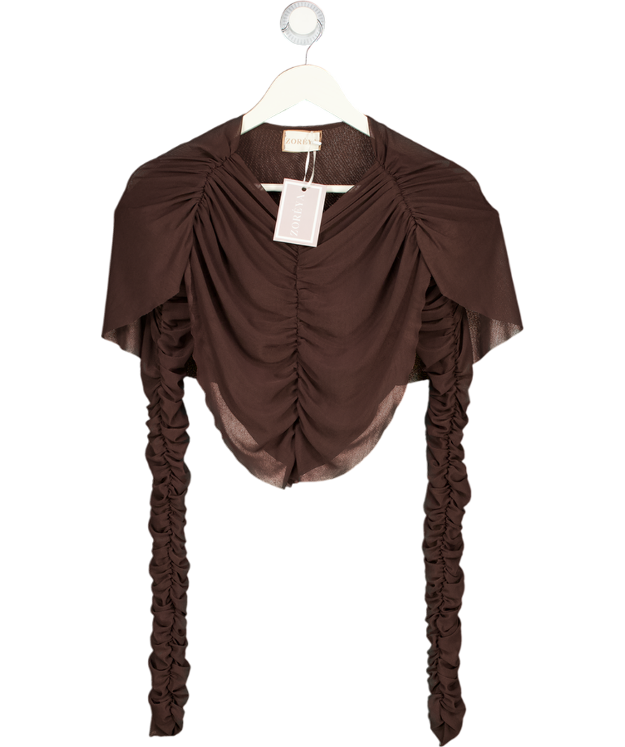 ZOREYA Ruched Detail Padded Shoulder Crop Top - Chocolate Brown UK S