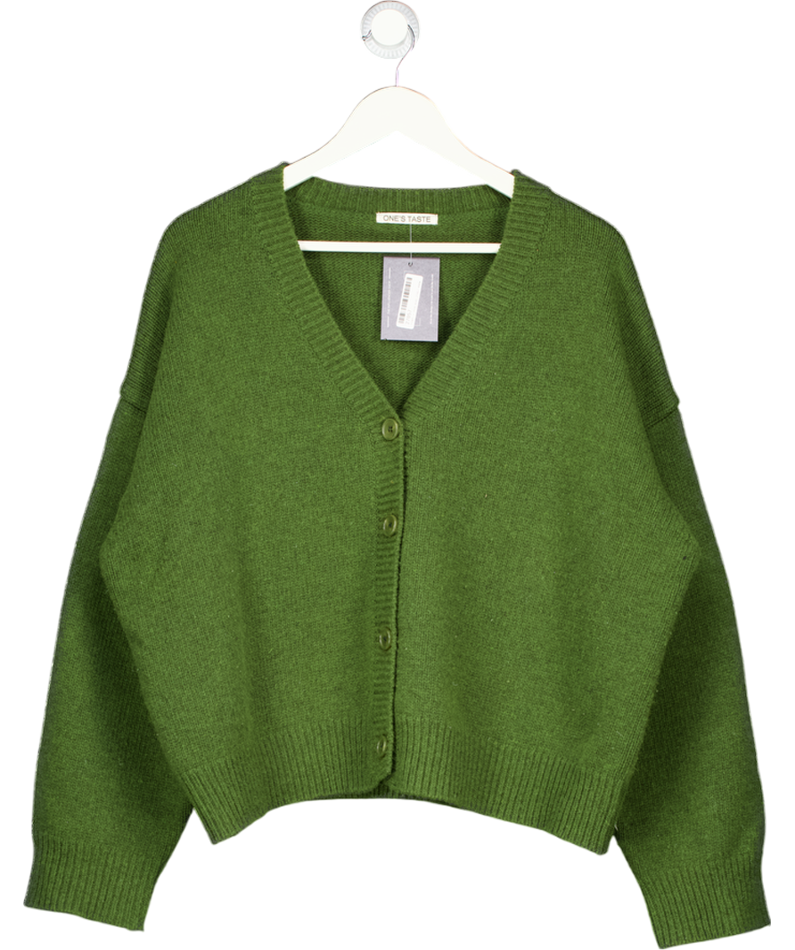 ONE'S TASTE Olive Green Wool Blend V-neck Cardigan One Size