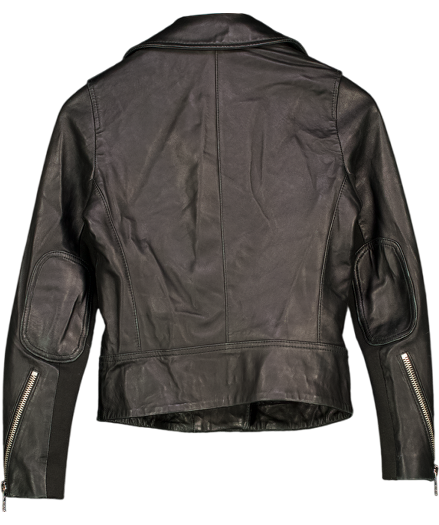 WHISTLES Black Leather Biker Jacket With Silver Hardware UK 6
