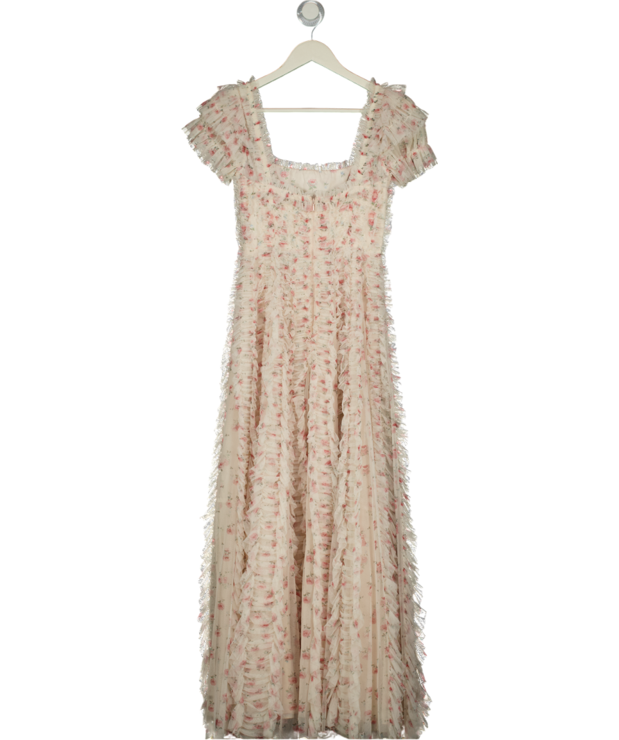 needle thread Cream Floral Print Tull Ankle Gown Dress UK 6