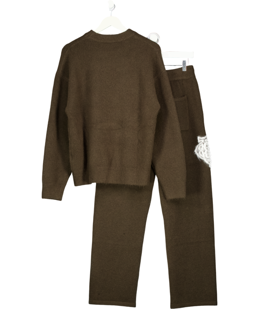 THE COUTURE CLUB Brown 2-piece Monogram Fluffy Knit Polo Jumper And Straight Leg Jogger Set UK XS