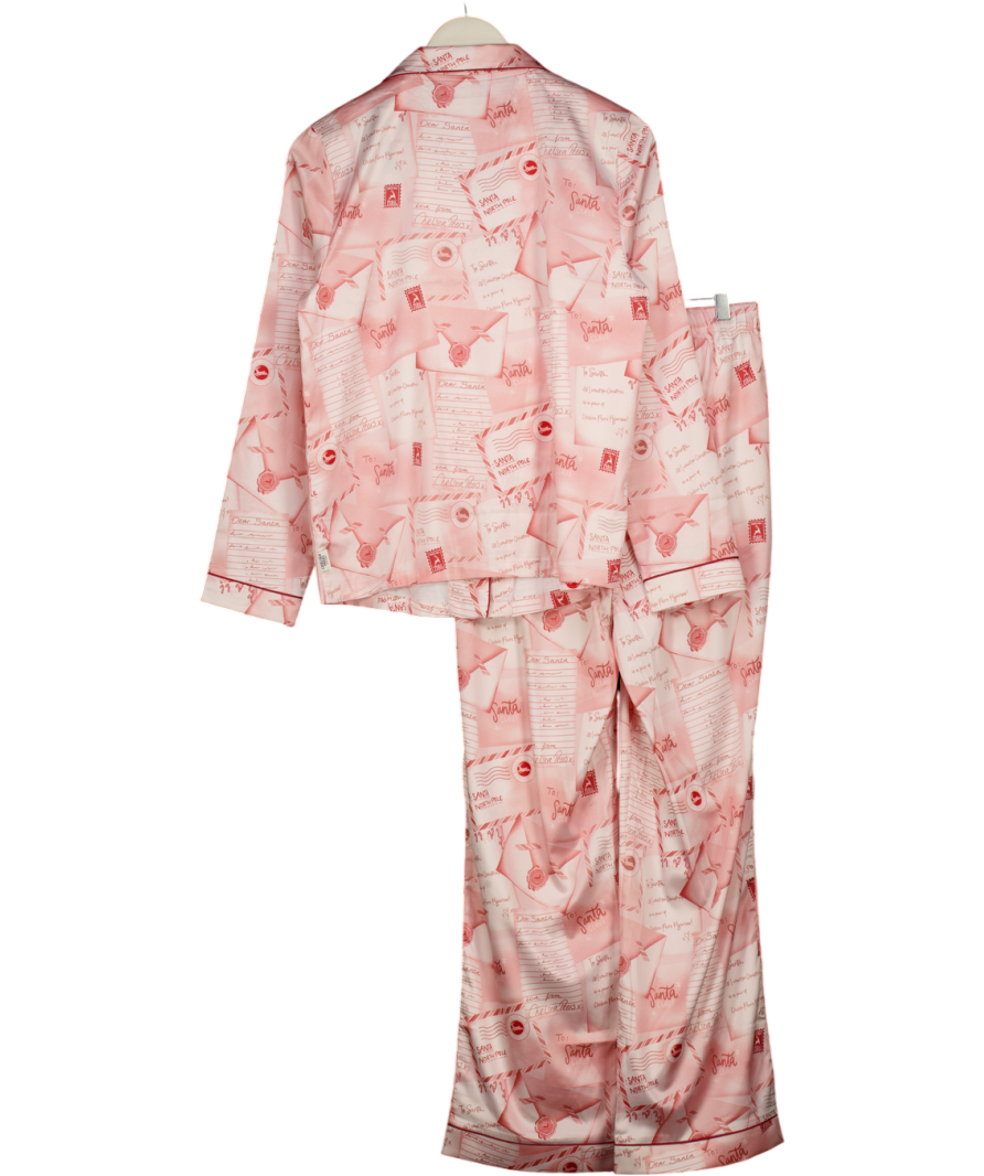 CHELSEA PEERS Pink Satin Long Sleeve Revere Pyjama Set In Letter To Santa Print UK 10