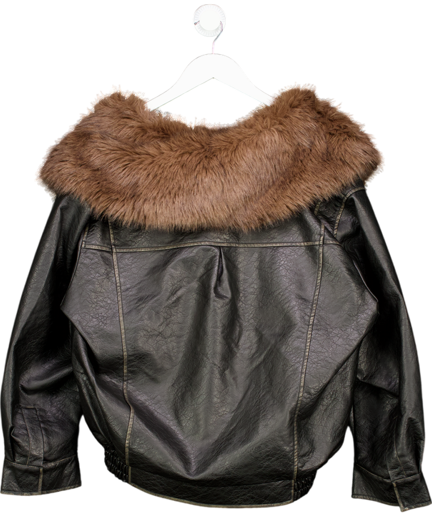 ASOS Black Leather Shawl Collar Faux Fur Collar Bomber Jacket UK S