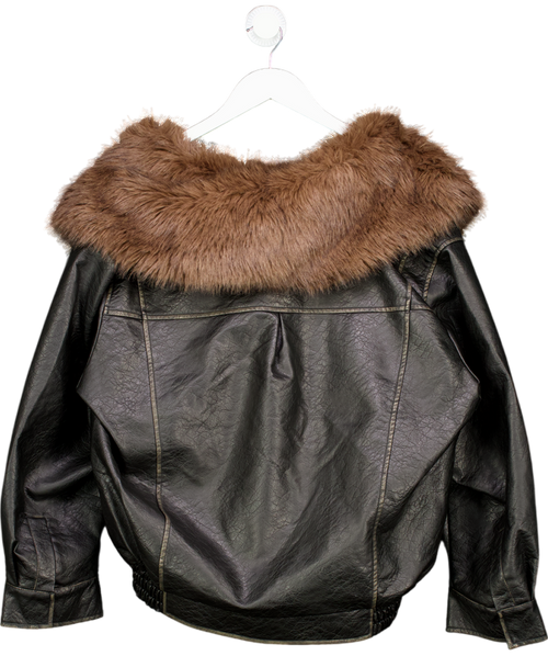 ASOS Black Leather Shawl Collar Faux Fur Collar Bomber Jacket UK S